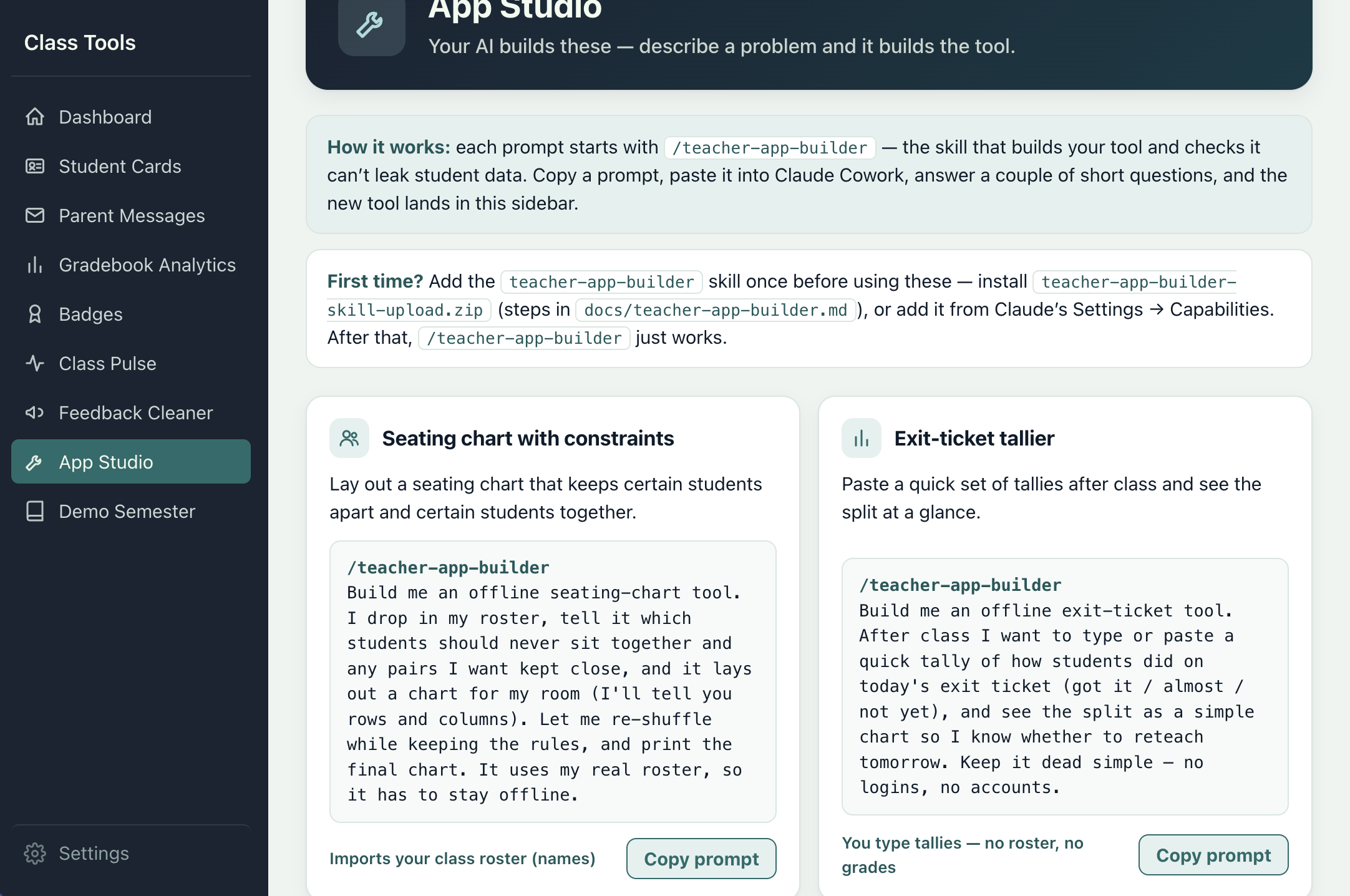 App Studio — copy-paste prompts your AI uses to build new offline tools