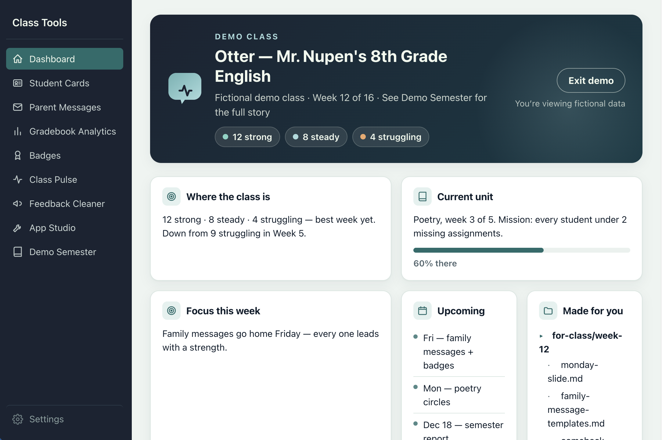 The Class Tools dashboard — a teacher's home base, shown in demo mode