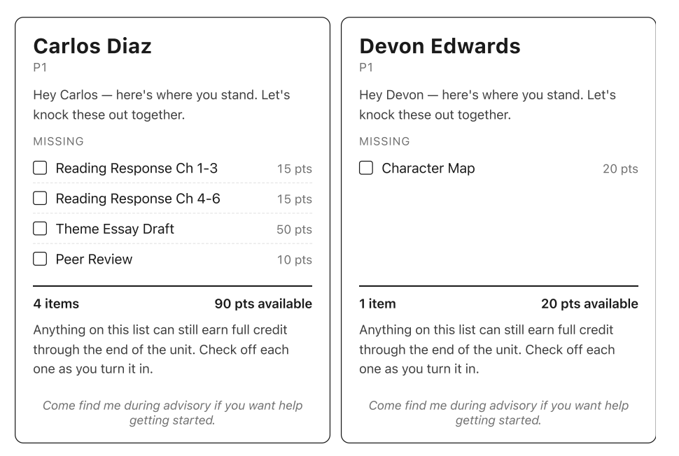 Progress Cards — printable per-student cards listing missing work with checkboxes
